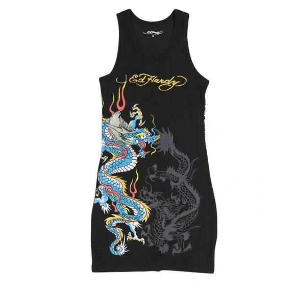 Ed Hardy Black Mini Dress with Blue Dragon Design - Picture 2 of 8